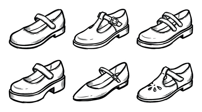 Collection of hand-drawn Mary Jane shoes in various classic and modern styles, featuring straps and buckles.