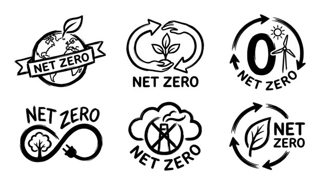 Set of six distinct black and white 'Net Zero' concept logos illustrating various aspects of environmental sustainability and carbon neutrality.