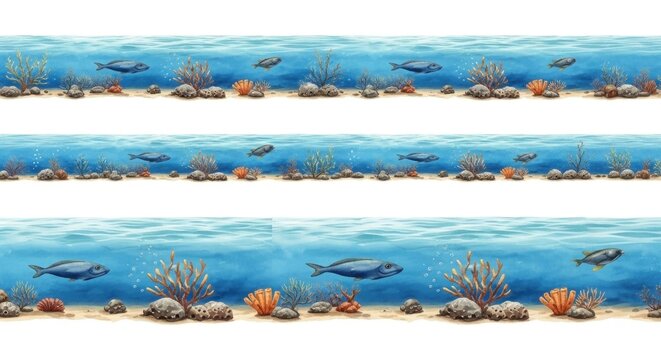 Underwater world scene with fish, coral, and seabed illustration.