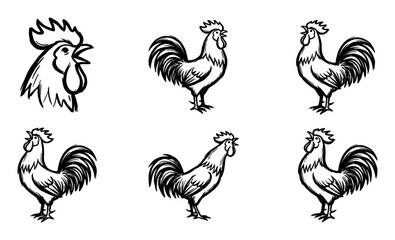 Naklejka premium Stylized brush stroke illustrations depict various roosters and a rooster head, showcasing different poses and artistic interpretations of the farm animal.