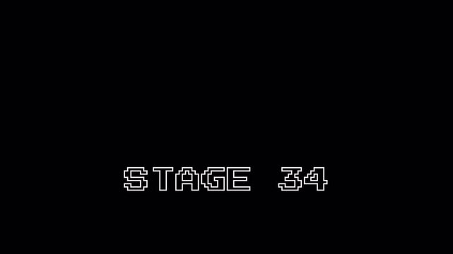 Retro Gaming Stage 34 Pixel Art Animation with 8 Bit Flickering Text and Zoom Effect on Transparent Alpha Channel for Video Game Overlays 4k video animation seamless loop transparent background alpha 