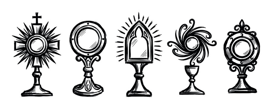 Collection of hand-drawn monstrances, sacred vessels used in Christian worship for the display of the consecrated host, depicted in a sketchy style.