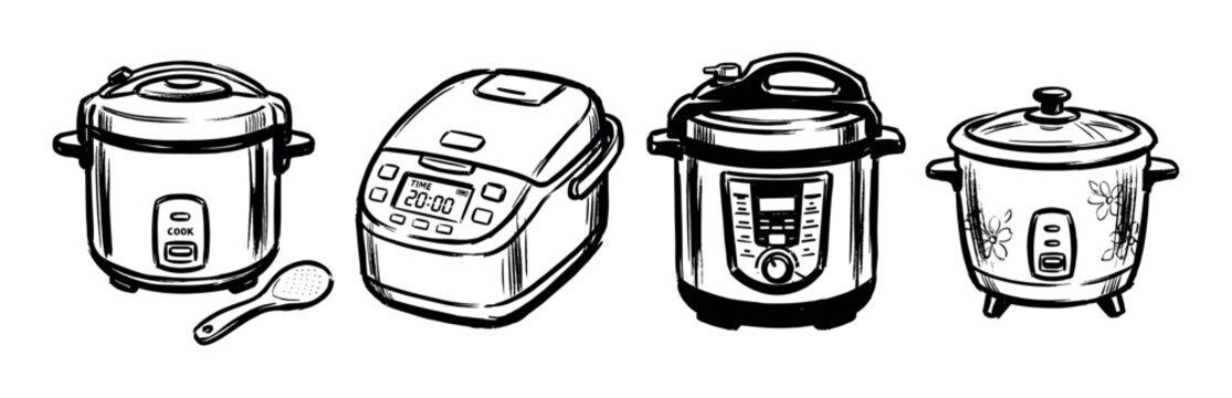 Diverse collection of hand-drawn rice cookers and a serving spoon, depicted in a black and white sketch style.