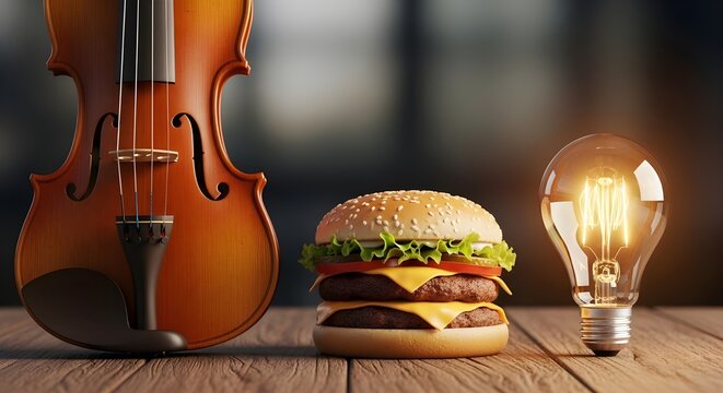 A wooden violin, a hamburger, and a glowing light bulb sitting side by side