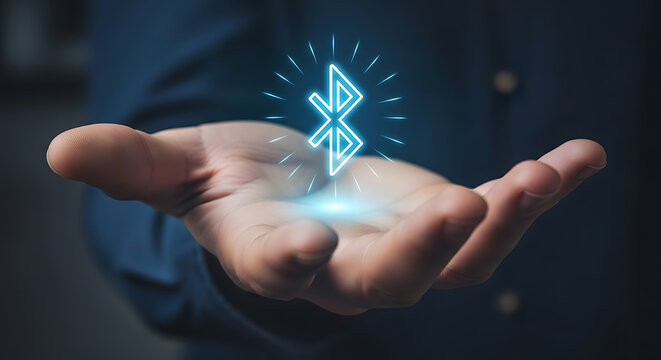 Glowing bluetooth icon hovering over open hand