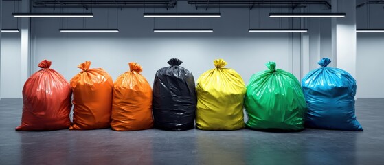 Fototapeta premium The garbage bags arranged in rainbow colors inside a modern industrial warehouse space