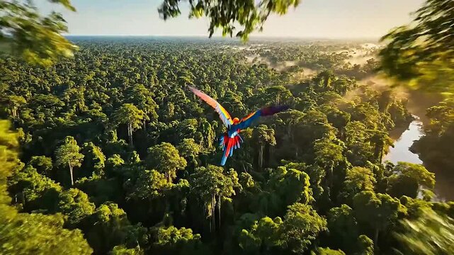 Scarlet macaw in flight above a vibrant rainforest