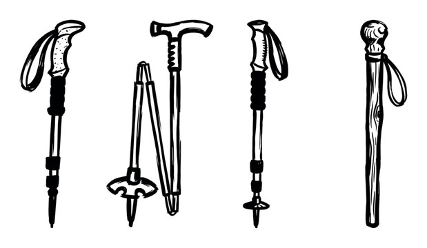 Various hand-drawn walking sticks and hiking poles are depicted in a black and white sketch style, showcasing different designs for outdoor activities.