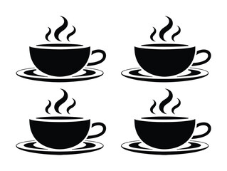 Obraz premium Four Black Silhouettes of Steaming Coffee Cups on Saucers