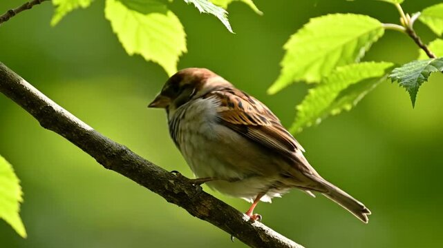 Close-up of a house sparrow perched on a branch, surrounded by green leaves, in a natural outdoor setting
