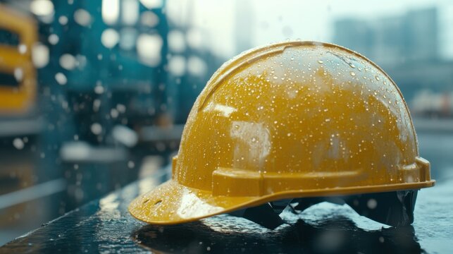Yellow hard hat with water droplets on rough surface