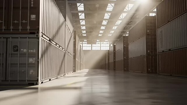 Sunlight streams through a large warehouse filled with containers