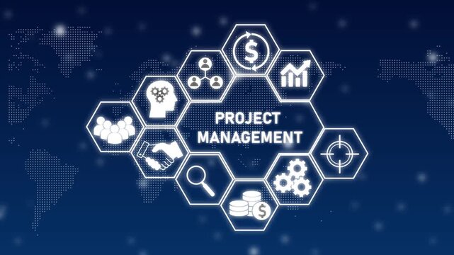 Digital Hexagon Network Illustrating Project Management on World Map Background planning execution