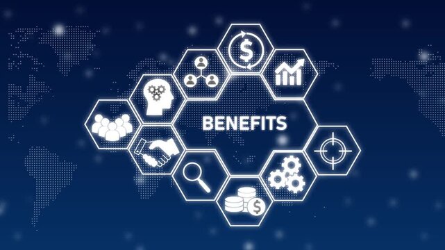 Business benefits infographic with icons for growth, finance, and people on a blue world map background