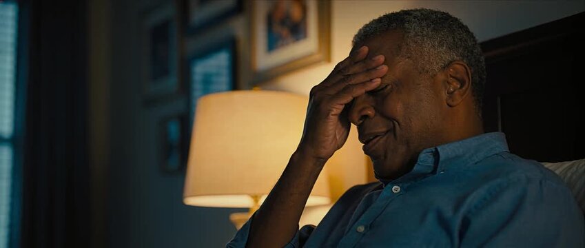 Senior man stress worry fatigue bedroom night low light lamp headache contemplation depression anxiety loneliness despair grief aging facepalm solitude emotion male elder home emotional fatigue scene