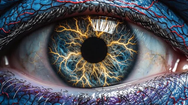 Close-up of a vibrant blue eye with glowing yellow lightning pattern in the iris