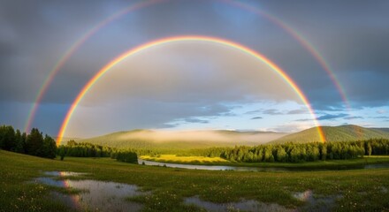 Fototapeta premium Vibrant Double Rainbow Over Lush Green Landscape After the Rain.