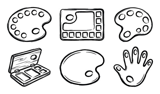 Collection of six diverse hand-drawn art palettes, including traditional, rectangular, and hand-shaped designs, illustrating various tools for painting and creative expression.