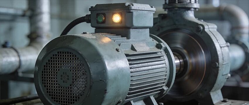 Industrial motor pump machinery metal factory engineering equipment power machine operation with rotating shaft steel pipe power system and smooth metal industrial motor and pump machinery factory