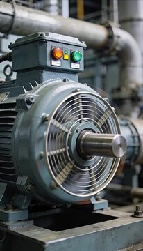 Industrial motor electric motor rotation metal machinery factory equipment closeup power generator mechanical engineering steel shaft workshop technology industry production energy automation detail