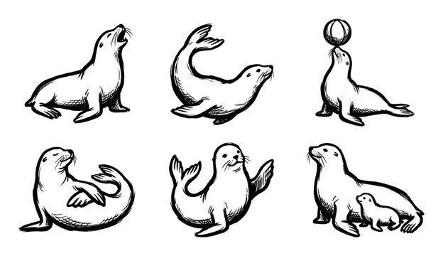 Collection of hand-drawn illustrations depicting various seals and sea lions in different poses, including a mother with her pup and one balancing a ball.