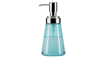 Obraz premium Clear blue liquid soap dispenser with polished chrome pump top, a sleek and modern bathroom accessory for dispensing hand wash or lotion