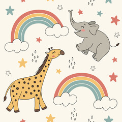 Giraffe Floating in the Sky Cartoon Illustration