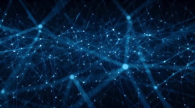 Digital neural network with glowing blue nodes and interconnected lines in deep space