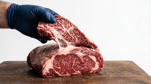 Ribeye Spinalis Dorsi Cap Muscle Removal Peeling Action White Background Studio Premium Butcher Photography
