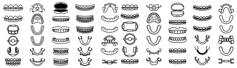 Collection of line art icons representing various dental appliances and orthodontics including braces retainers dentures and mouthguards teeth dental care dental hygiene smile
