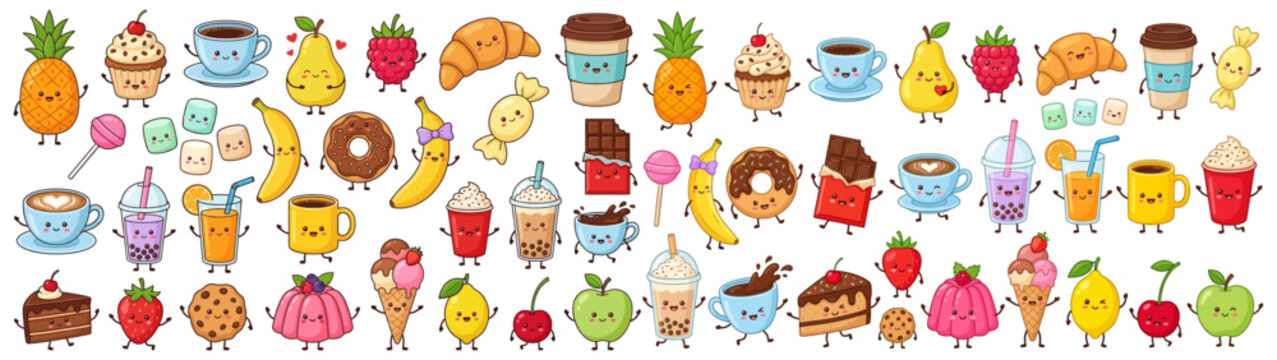 A delightful collection of kawaii style fruits desserts drinks and confections all with cute smiling faces and arms presented in a vibrant pattern food illustration character