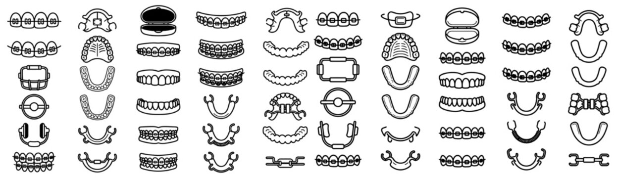 Collection of line art icons representing various dental appliances and orthodontics including braces retainers dentures and mouthguards teeth dental care dental hygiene smile