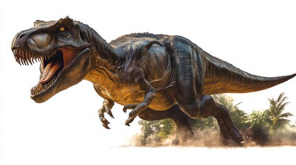 Fototapeta premium Roaring tyrannosaurus running through dust with open jaws and exposed teeth beside palm trees, fierce and powerful motion