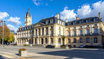 Obraz premium A large, tan-colored building with a clock tower on a sunny day