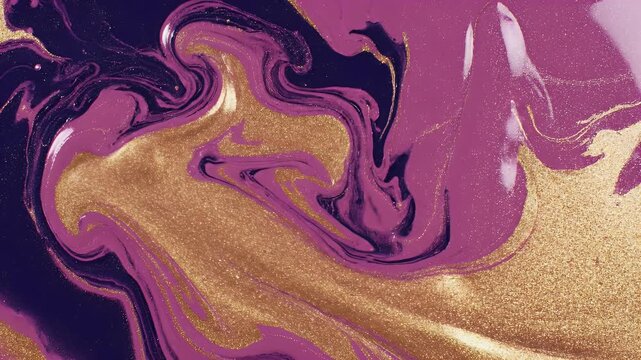 Swirls of metallic gold, deep purple, and shimmering magenta create an abstract fluid art pattern