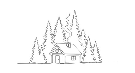 Obraz premium Cozy Cabin in Snowy Woods, Simple Line Art Illustration