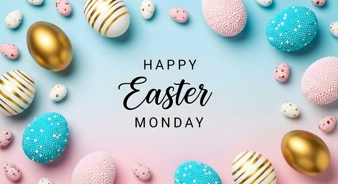 Easter monday greeting card with colorful eggs and candies on a pastel background