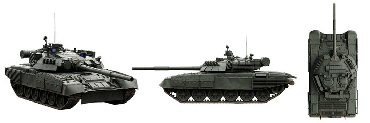 Realistic 3D render of a modern main battle tank, showcasing its intricate design from multiple angles. © robert