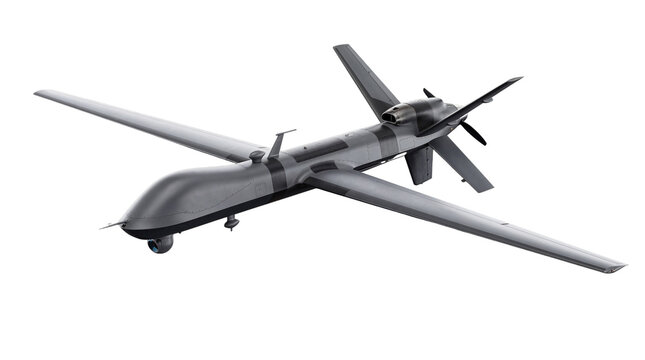 Top-down view of an advanced military MQ-9 Reaper drone 3D render isolated on a transparent background.