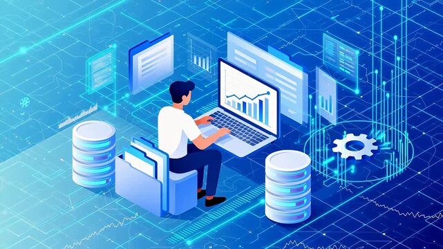 Person working on laptop with data and servers