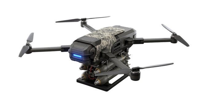 Modern military combat drone equipped with several miniature bombs.
