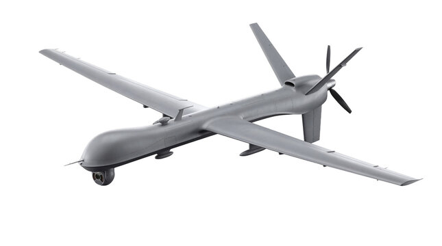 Advanced military predator drone 3D render, gray, sleek stealth design, isolated on transparent background.