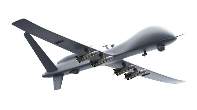 Advanced military drone with missiles soaring through the sky, isolated on transparent background.