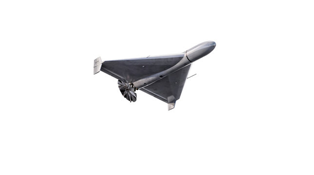 Contemporary kamikaze drone or loitering munition, poised for attack, detailed 3D render on transparent background.