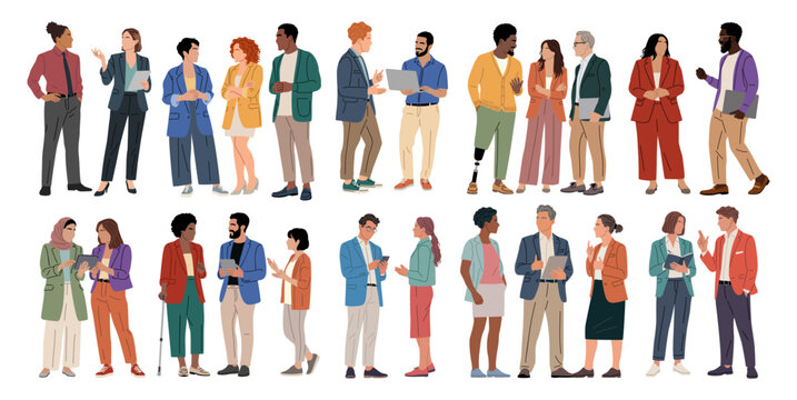 Diverse business people stands together. They show various poses and expressions. Some appear engaged in conversation. Others seem thoughtful or amused. Ideal for illustrating teamwork or community
