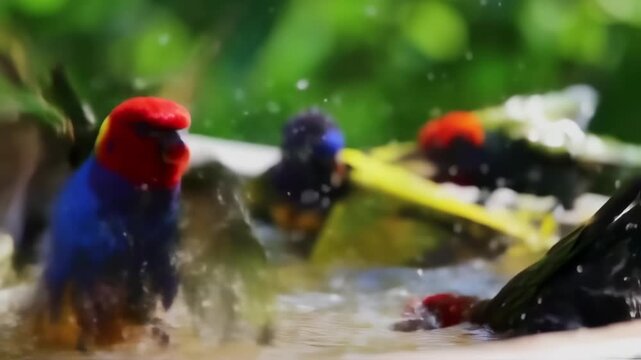 Delightful flock of vibrant lorikeets splashing and playing in a bird bath video