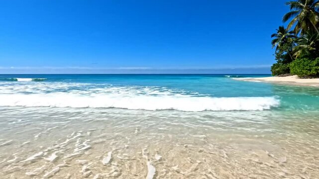 Waves gently lapping on a tranquil tropical beach with clear turquoise water under a bright blue sky on a sunny day