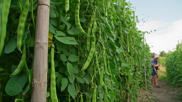 Lush Green Bean Vines Growing Upward with Healthy Pods in Rural Vegetable Garden