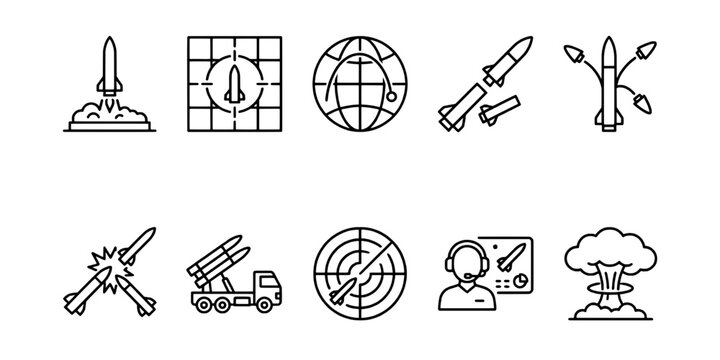 Tactical black line missile defense system and military warfare icon set for light mode, with rocket launchers, radar, and ballistic missiles