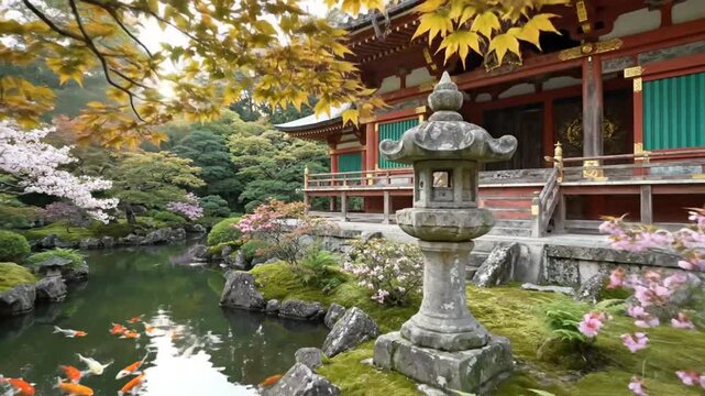 Japanese garden scene featuring temple, koi fish pond, stone lantern, and spring flowers blooming under the sunlight.
